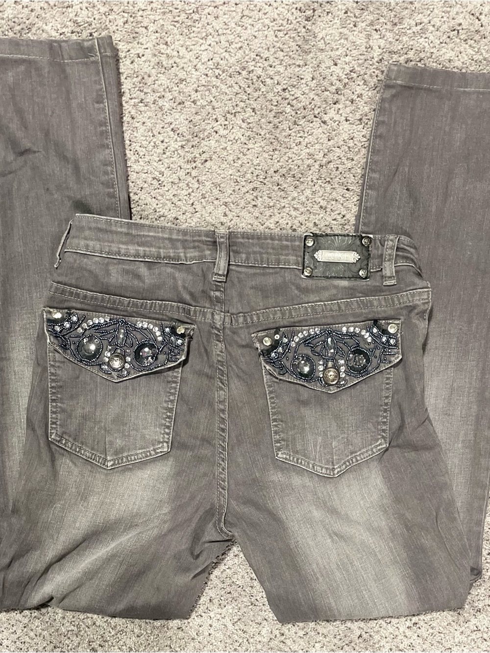 Y2K Tru Luxe Jeans Gray Embellished Flap Pocket Straight Leg McBling Size 29